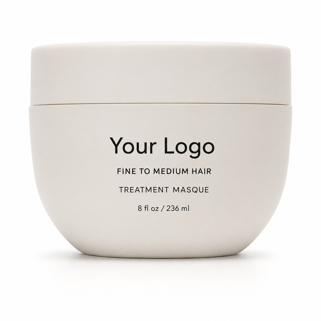 Private label fine to medium hair mask in an 8 oz jar beside towels and a wide-tooth comb