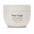 Private label fine to medium hair mask in an 8 oz jar beside towels and a wide-tooth comb