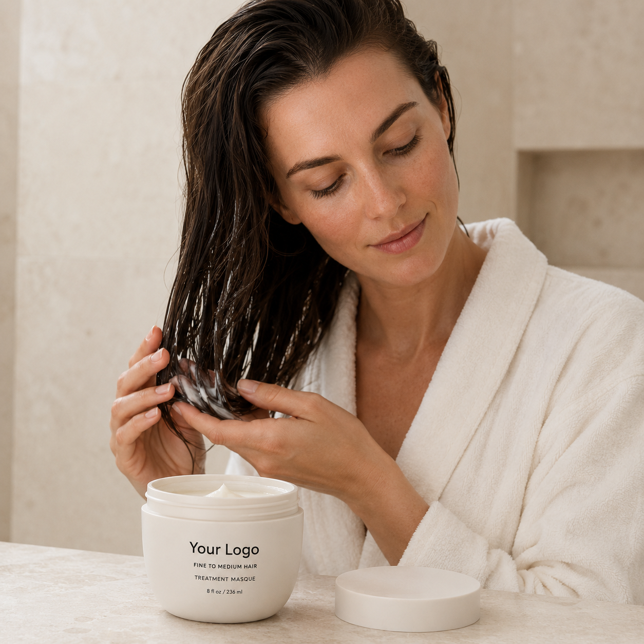 Fine to medium hair mask positioned for softness without a heavy finish