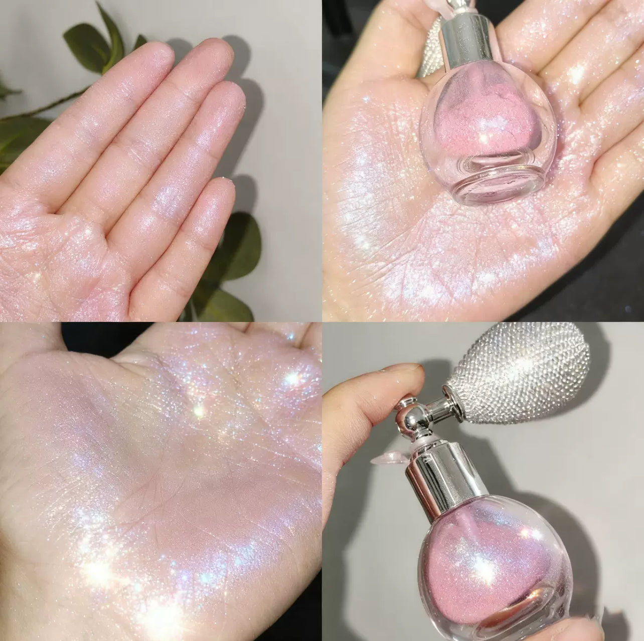 Multiple shimmer body glitter spray bottles in gold silver and pearl tones for festival beauty brands