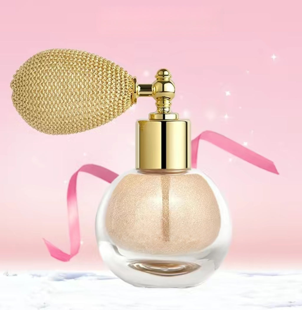 Multiple shimmer body glitter spray bottles in gold silver and pearl tones for festival beauty brands