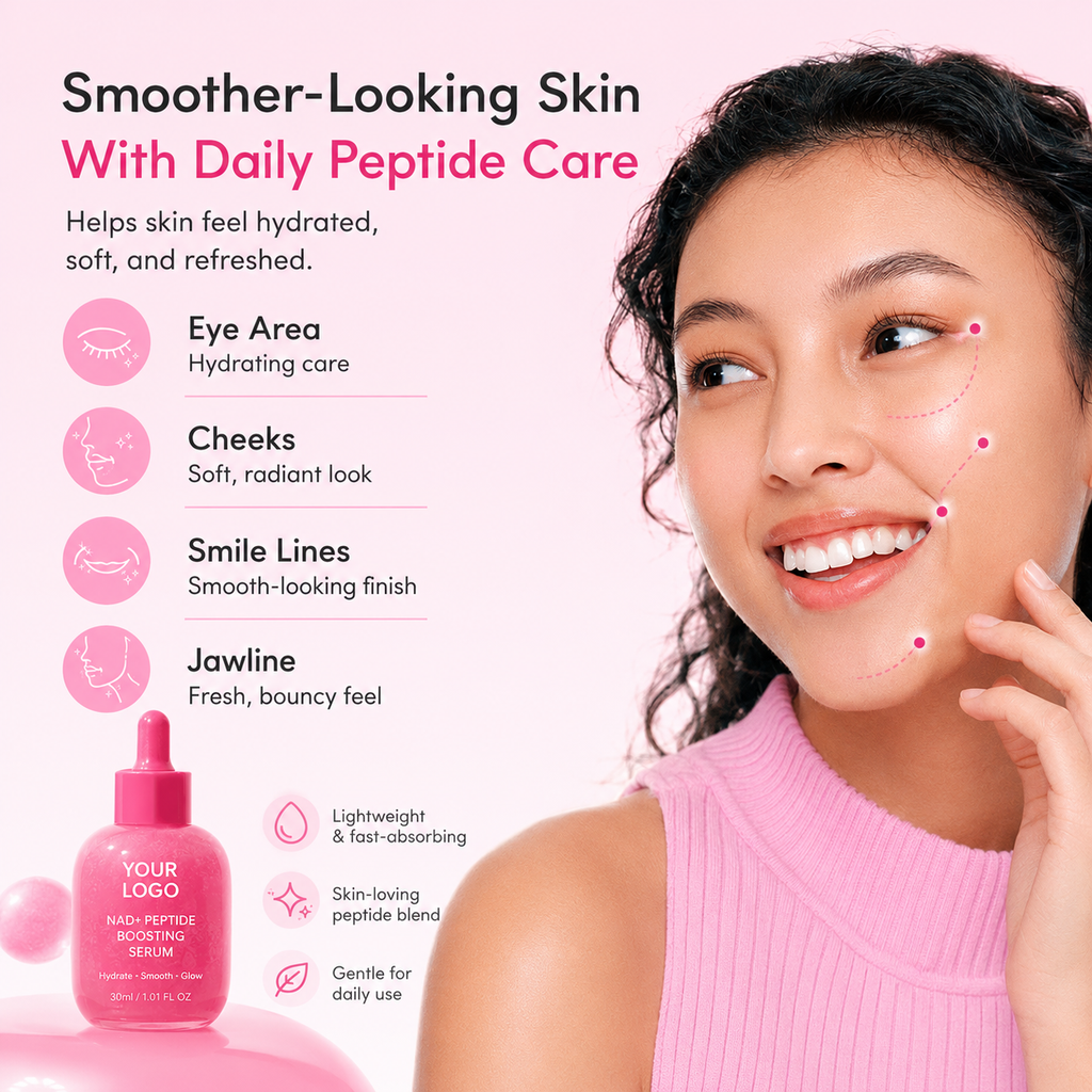 Pink NAD+ peptide boosting serum concept for K-beauty inspired private label skincare brands