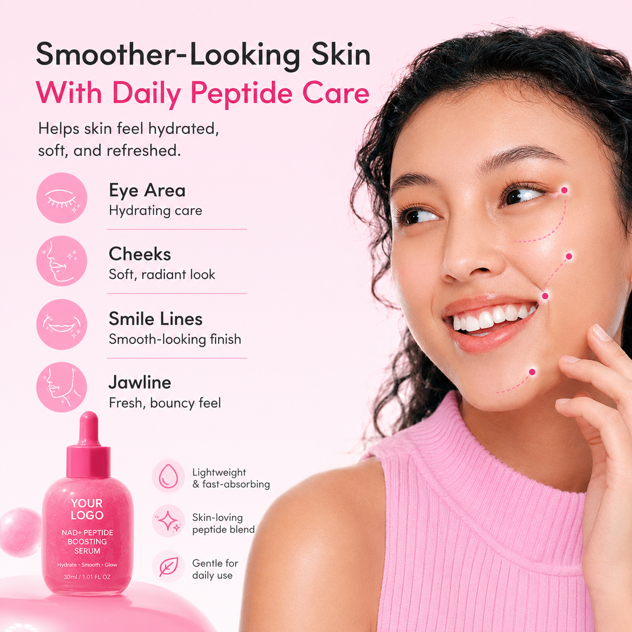 Pink NAD+ peptide boosting serum concept for K-beauty inspired private label skincare brands