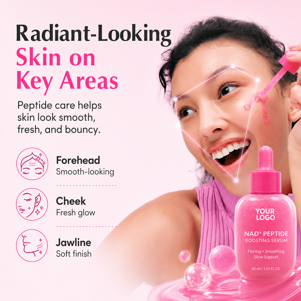 NAD+ peptide serum model application visual for smoother-looking and radiant-looking skin positioning