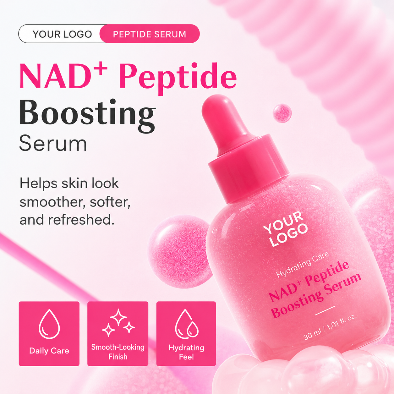 NAD+ peptide serum model application visual for smoother-looking and radiant-looking skin positioning