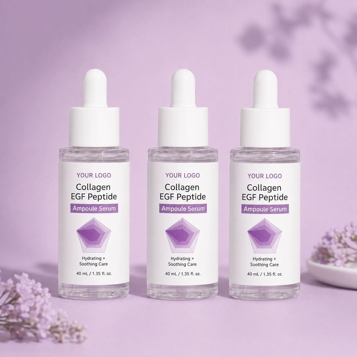 Collagen EGF peptide ampoule serum bottle with hydrating and soothing care positioning