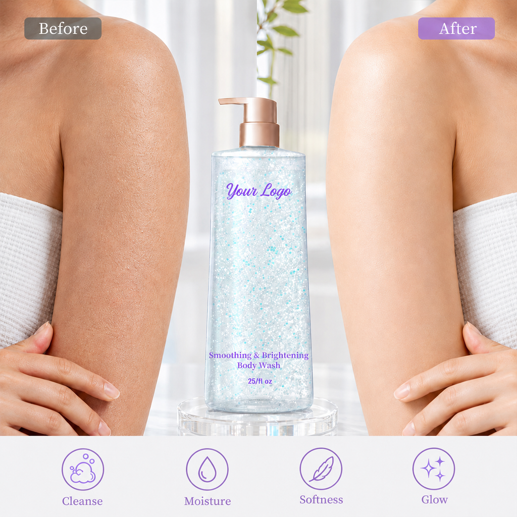 Private label niacinamide body wash shown beside a body skin comparison graphic