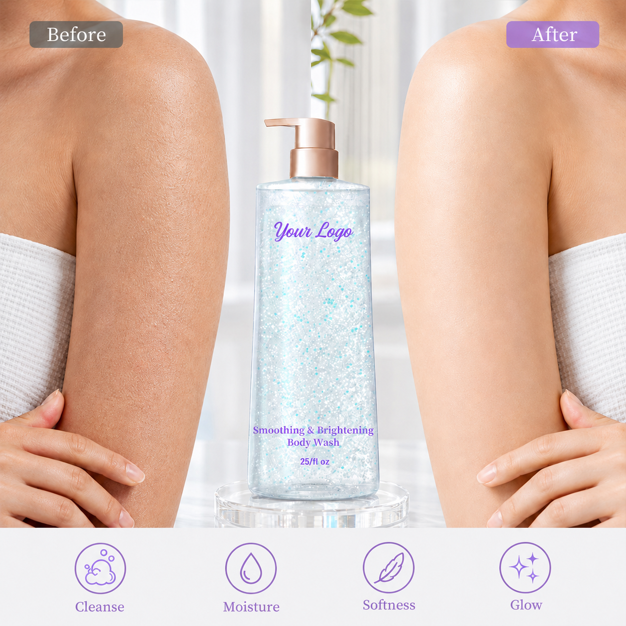 Private label niacinamide body wash shown beside a body skin comparison graphic