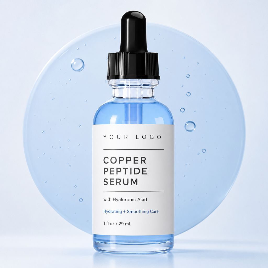Private label copper peptide and hyaluronic acid serum in blue dropper bottle by RNX Labs