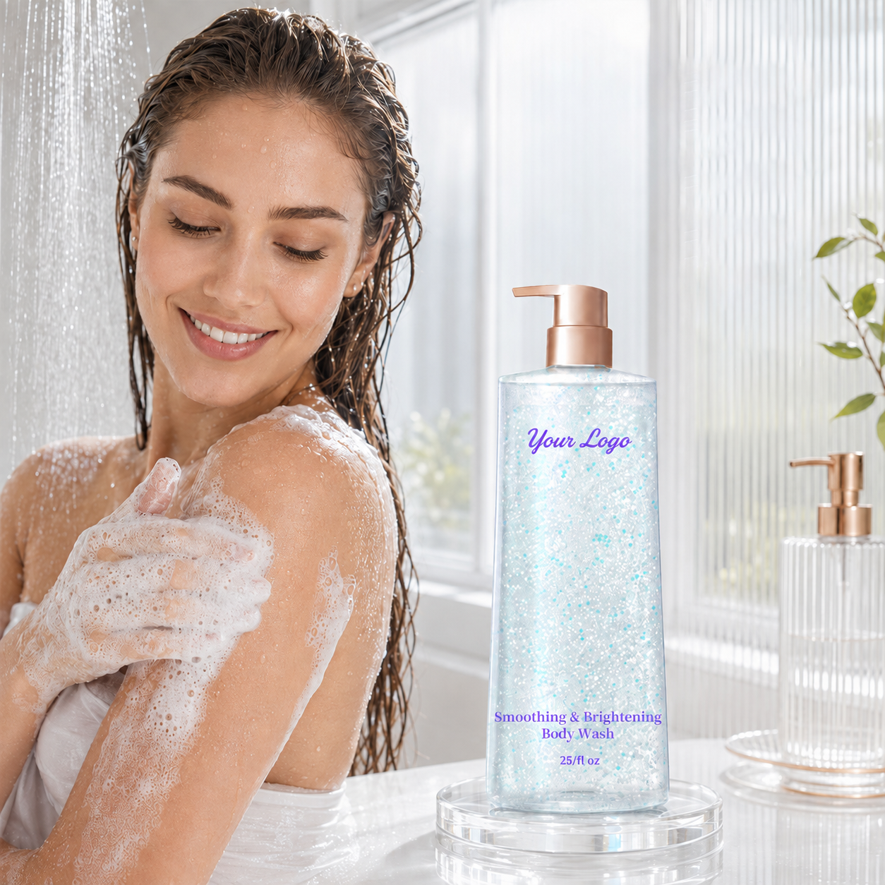 Woman applying foaming body wash in a shower beside a custom pump bottle