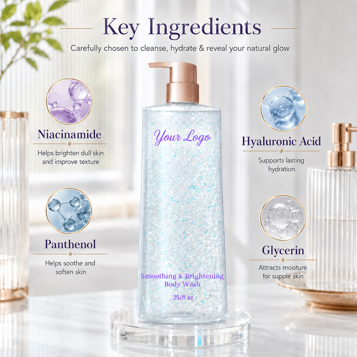 Niacinamide, panthenol, hyaluronic acid and glycerin ingredient graphic for body wash