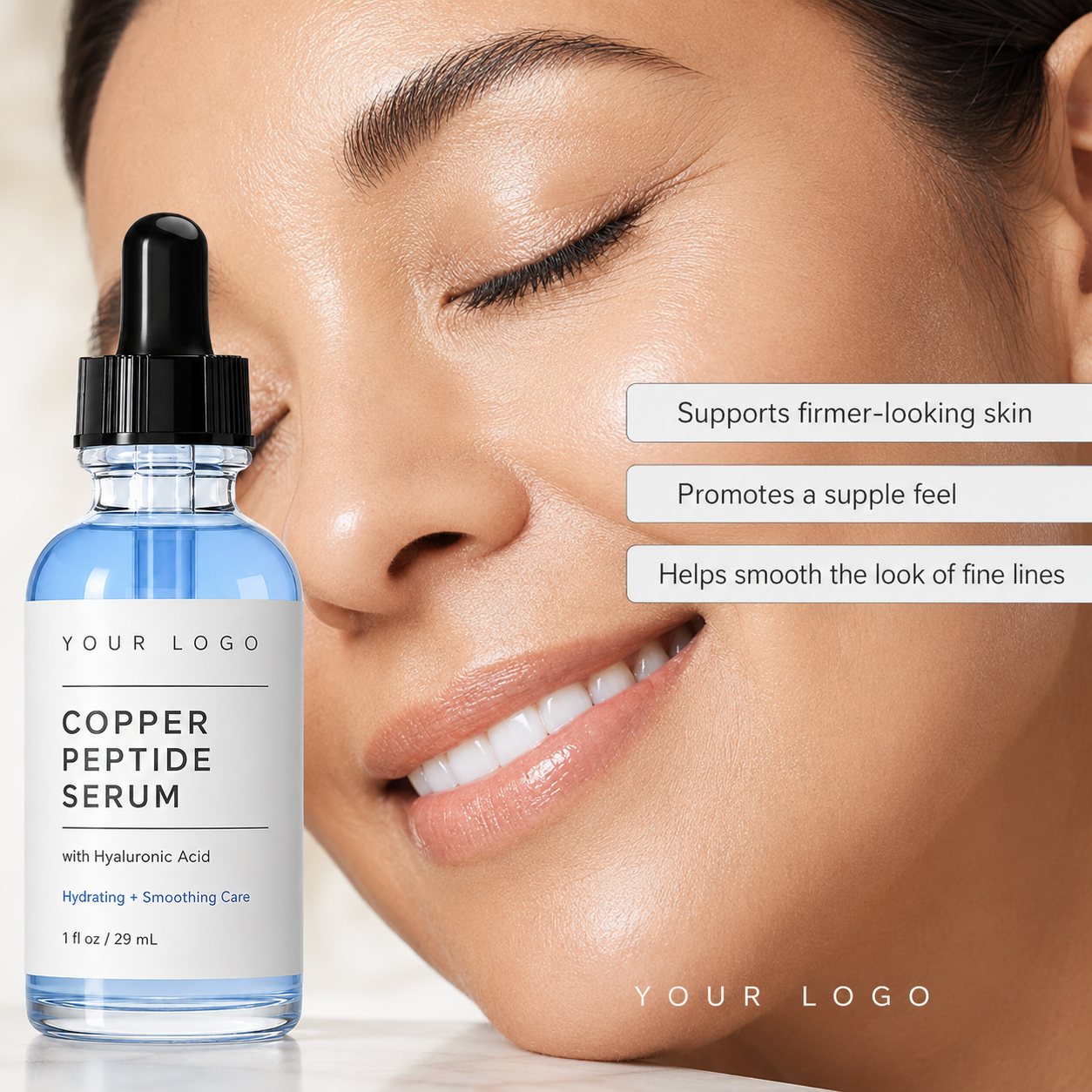 GHK-Cu peptide serum concept with hyaluronic acid for OEM ODM skincare development