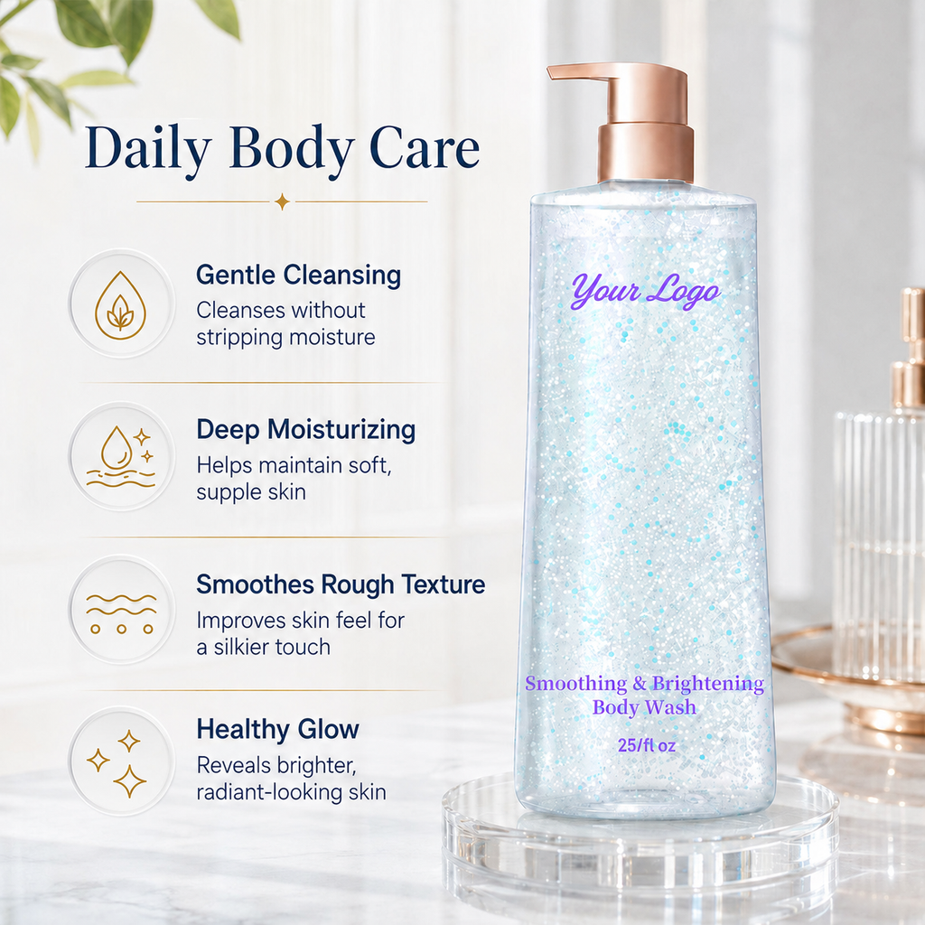 Daily cleansing, moisture and smooth-skin positioning graphic for a custom body wash