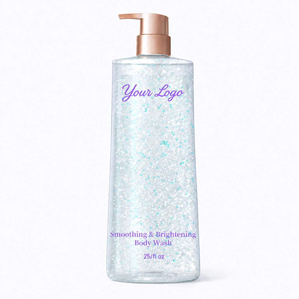 Custom niacinamide pearlescent gel body wash in a 25 fl oz pump bottle by RNX Labs