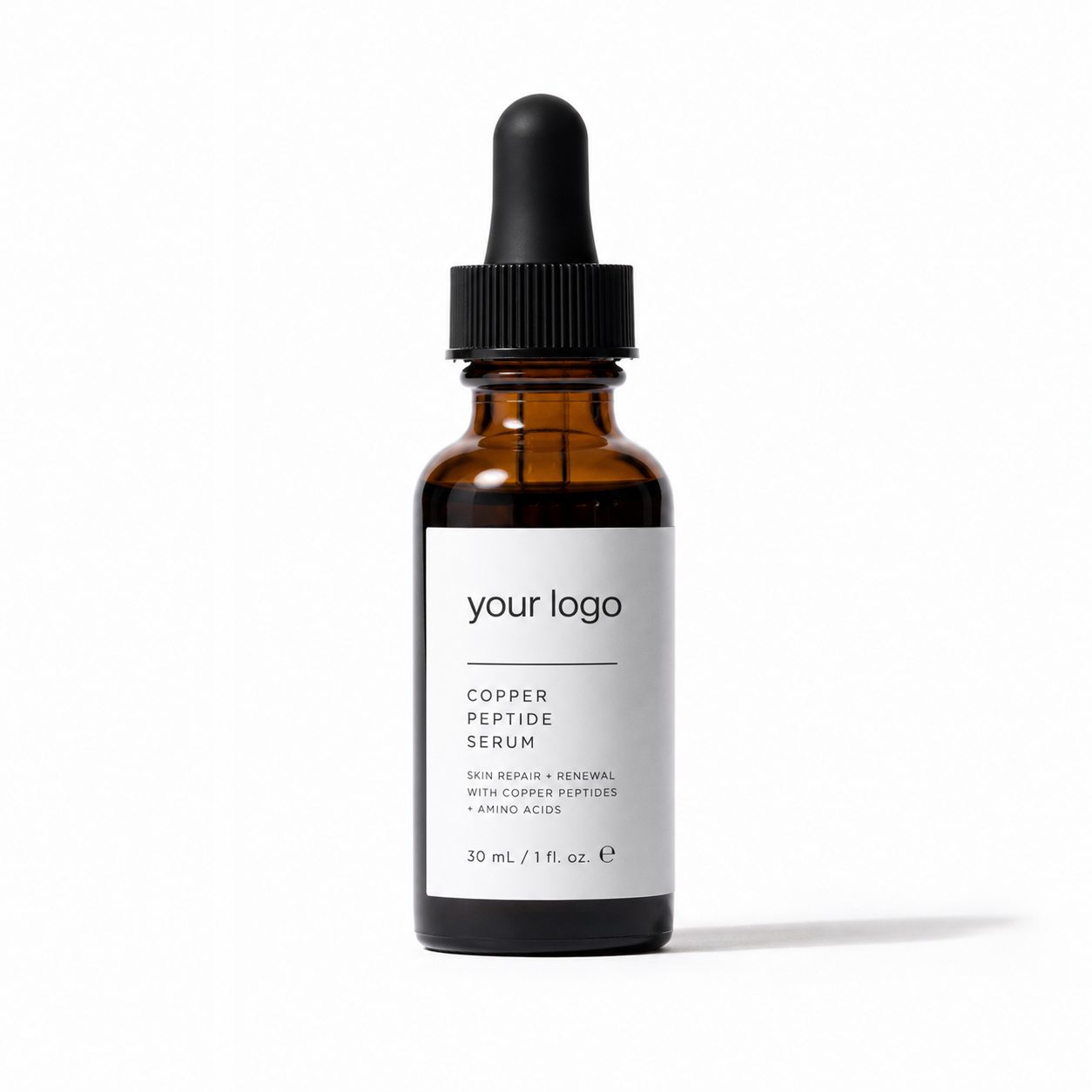 Copper Amino Peptide Serum 30ML in amber dropper bottle with minimalist clinical skincare packaging