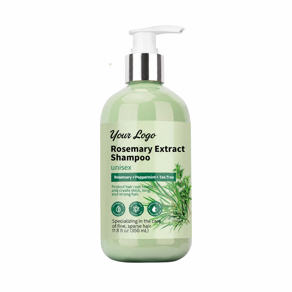 Private label rosemary volumizing shampoo 350ML in a green pump bottle