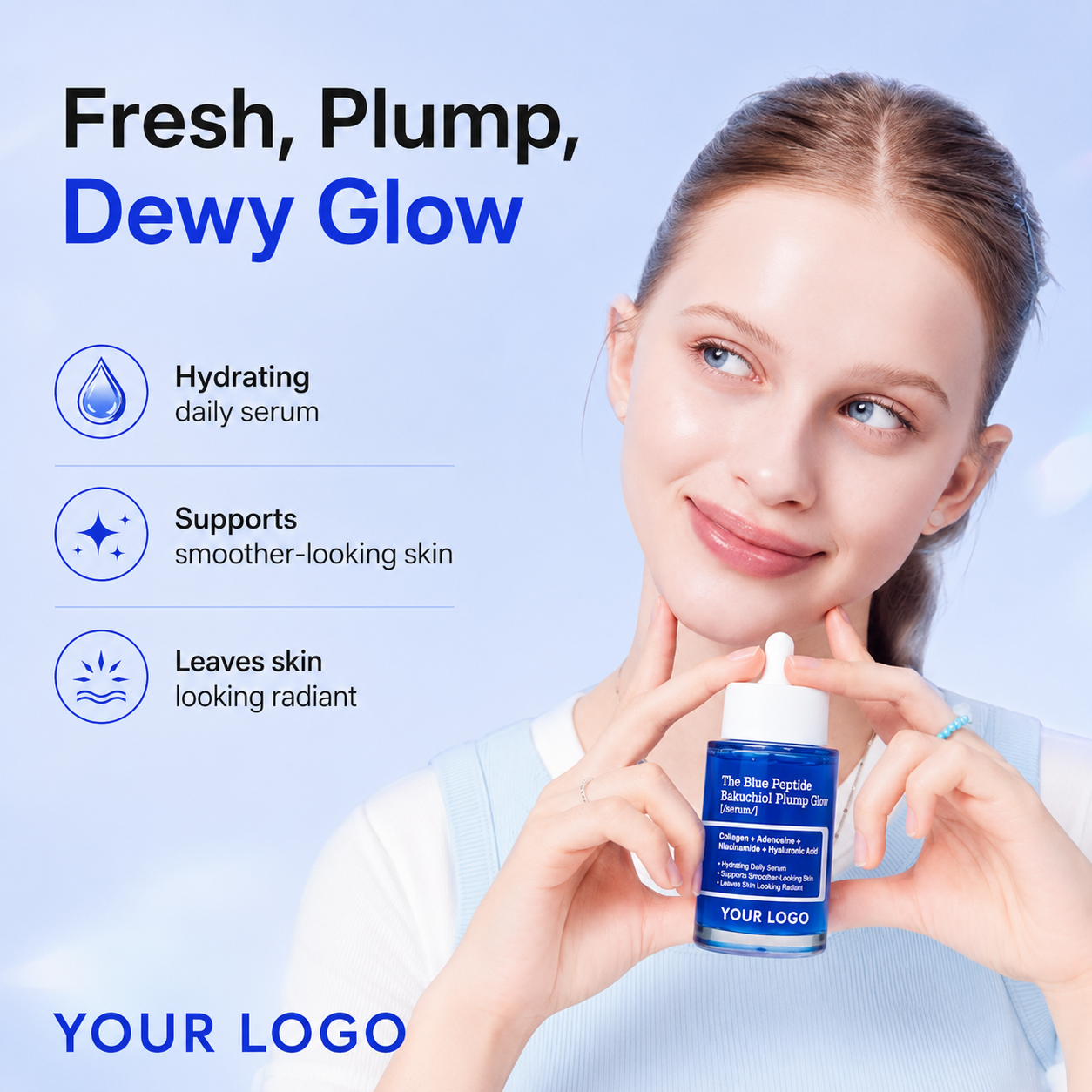 Custom blue peptide bakuchiol glow serum for private label skincare brands