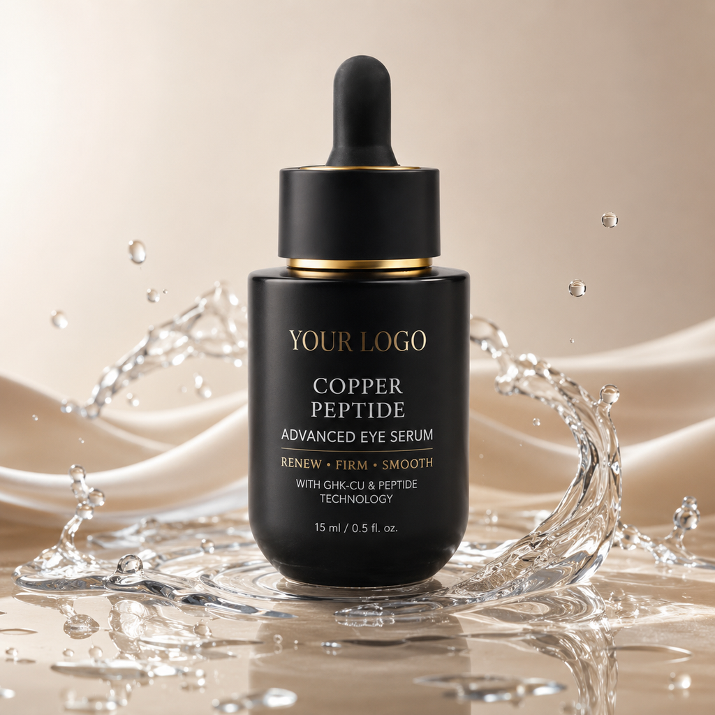 Private label copper peptide serum in black dropper bottle with blue lightweight serum texture by RNX Labs