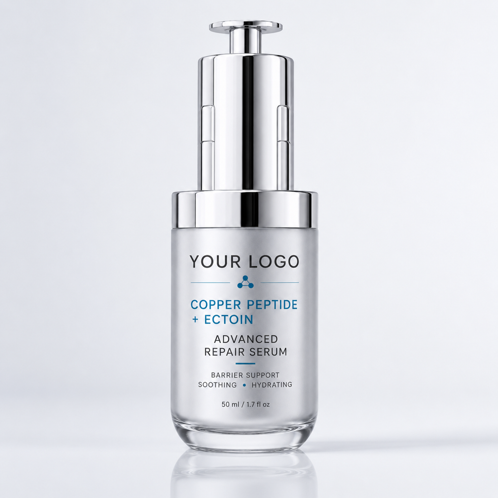 Copper Tripeptide + Ectoin Advanced Barrier Repair Serum in premium silver pump bottle