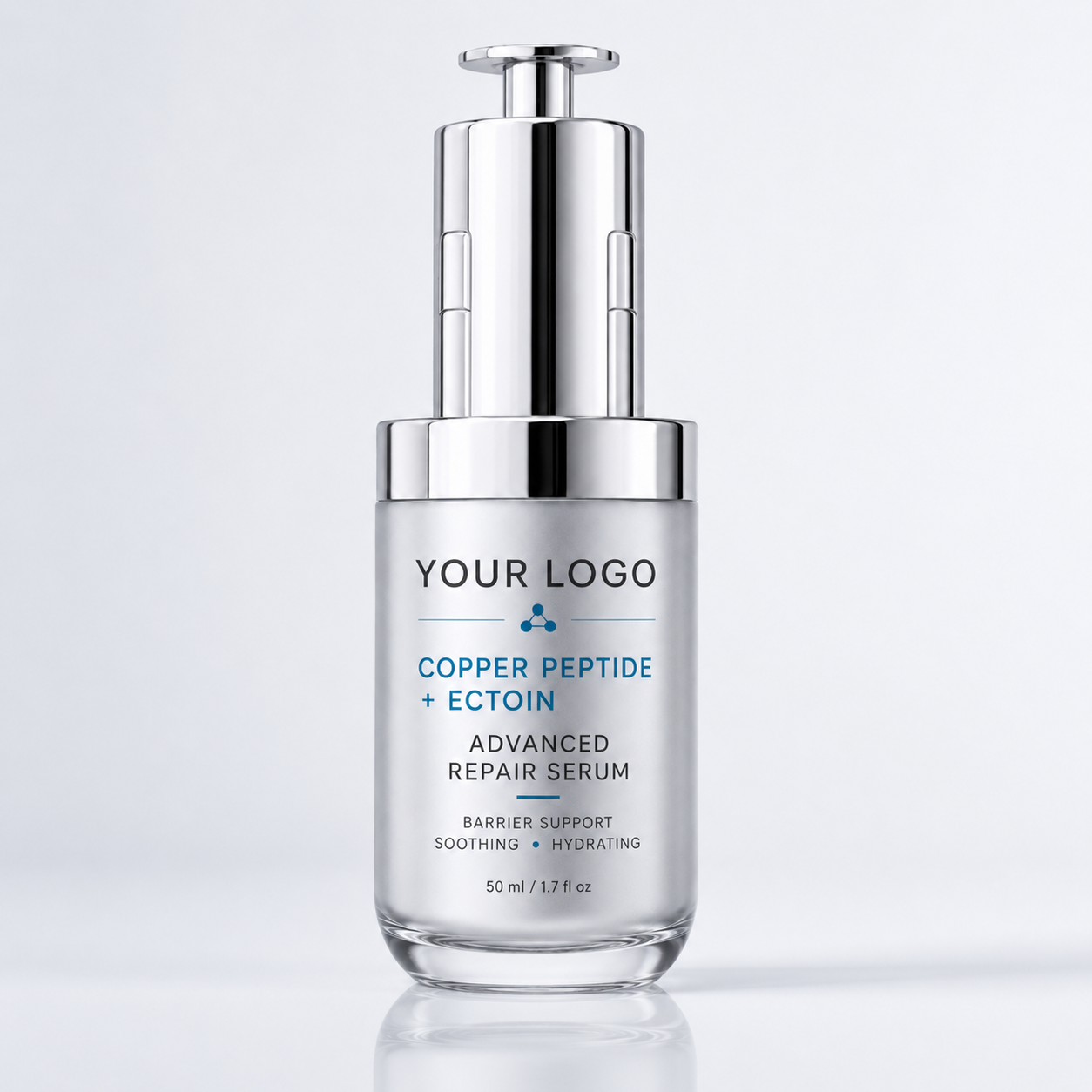 Copper Tripeptide + Ectoin Advanced Barrier Repair Serum in premium silver pump bottle