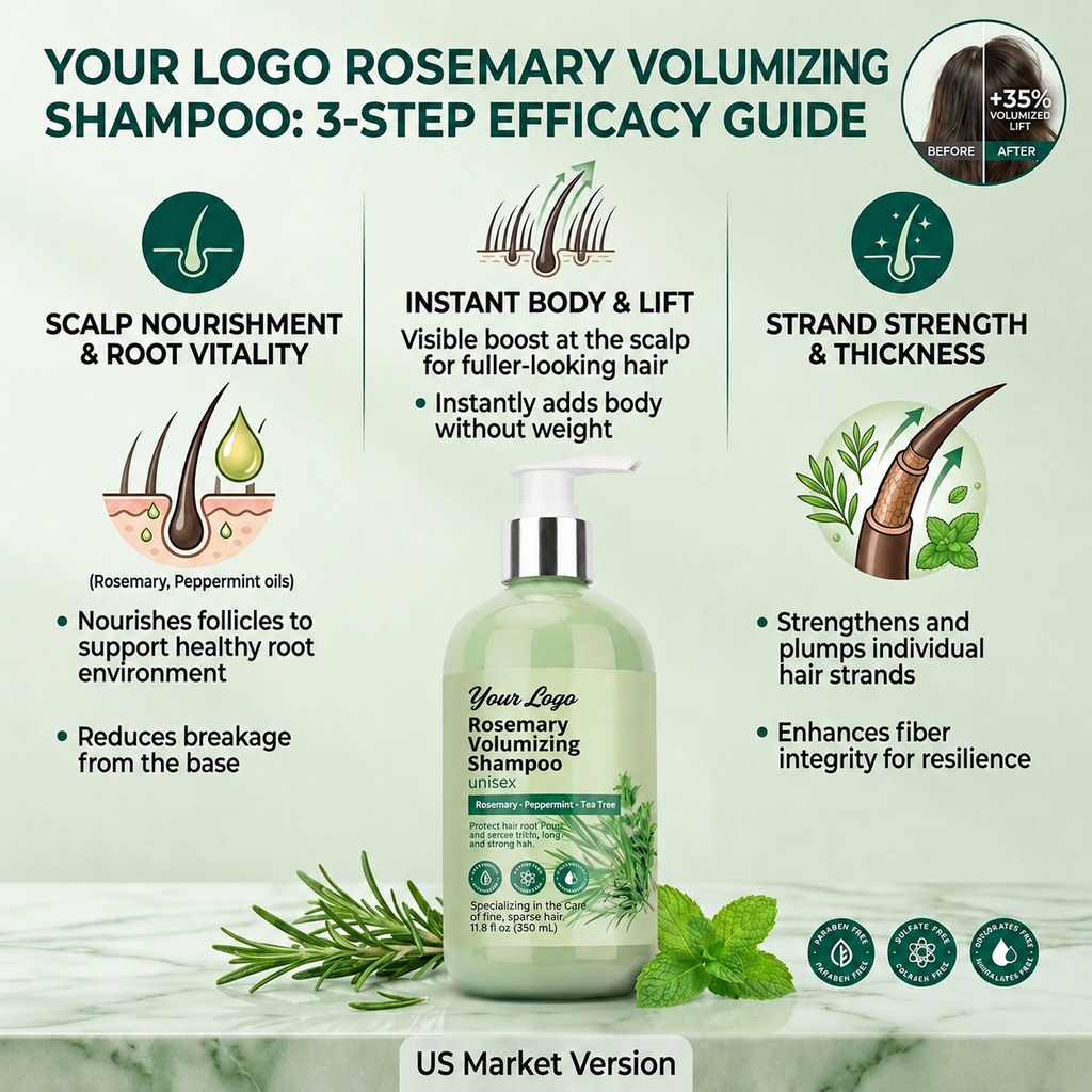 Rosemary peppermint and tea tree shampoo feature graphic for scalp cleansing and volume