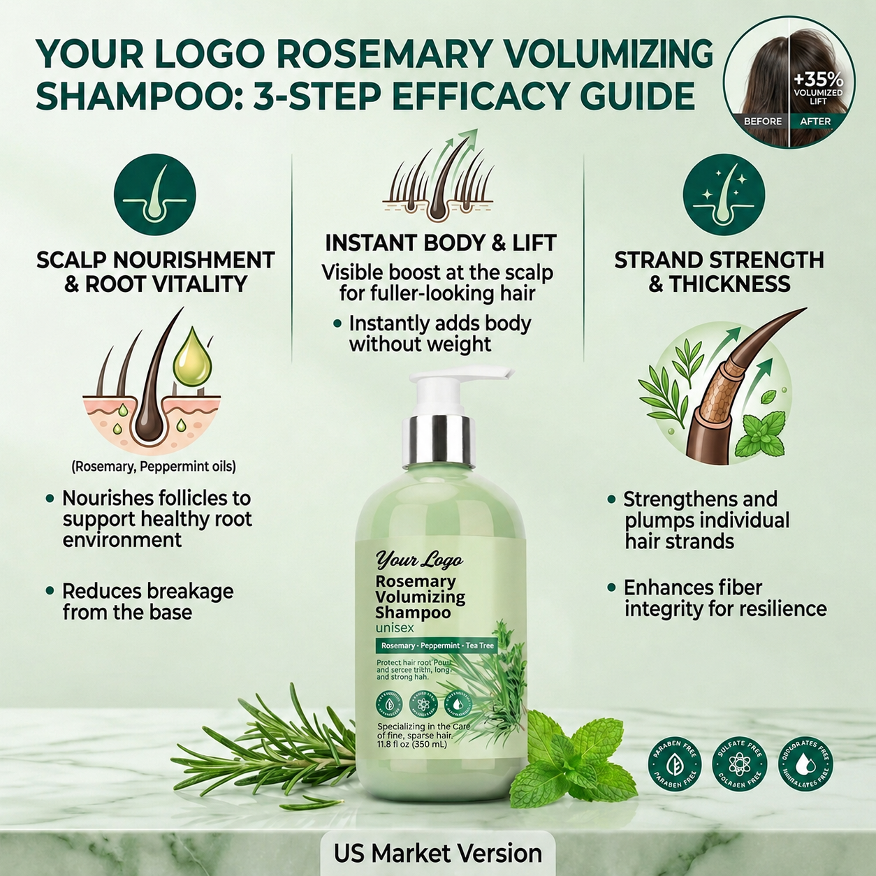 Rosemary peppermint and tea tree shampoo feature graphic for scalp cleansing and volume