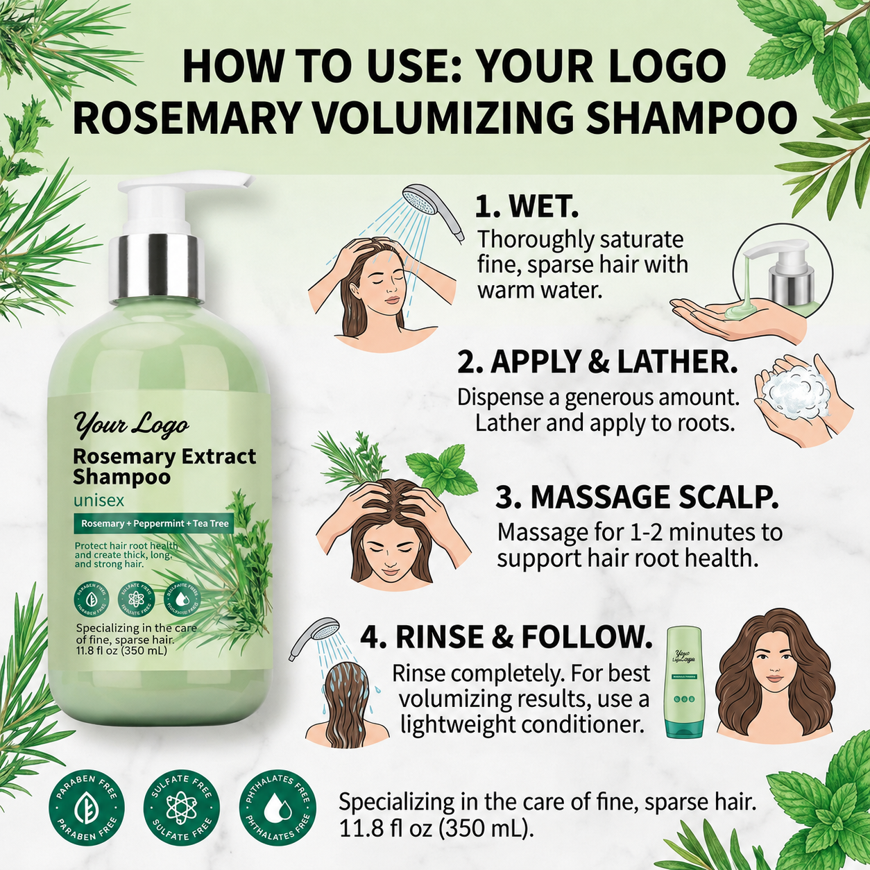 Rosemary peppermint and tea tree shampoo feature graphic for scalp cleansing and volume