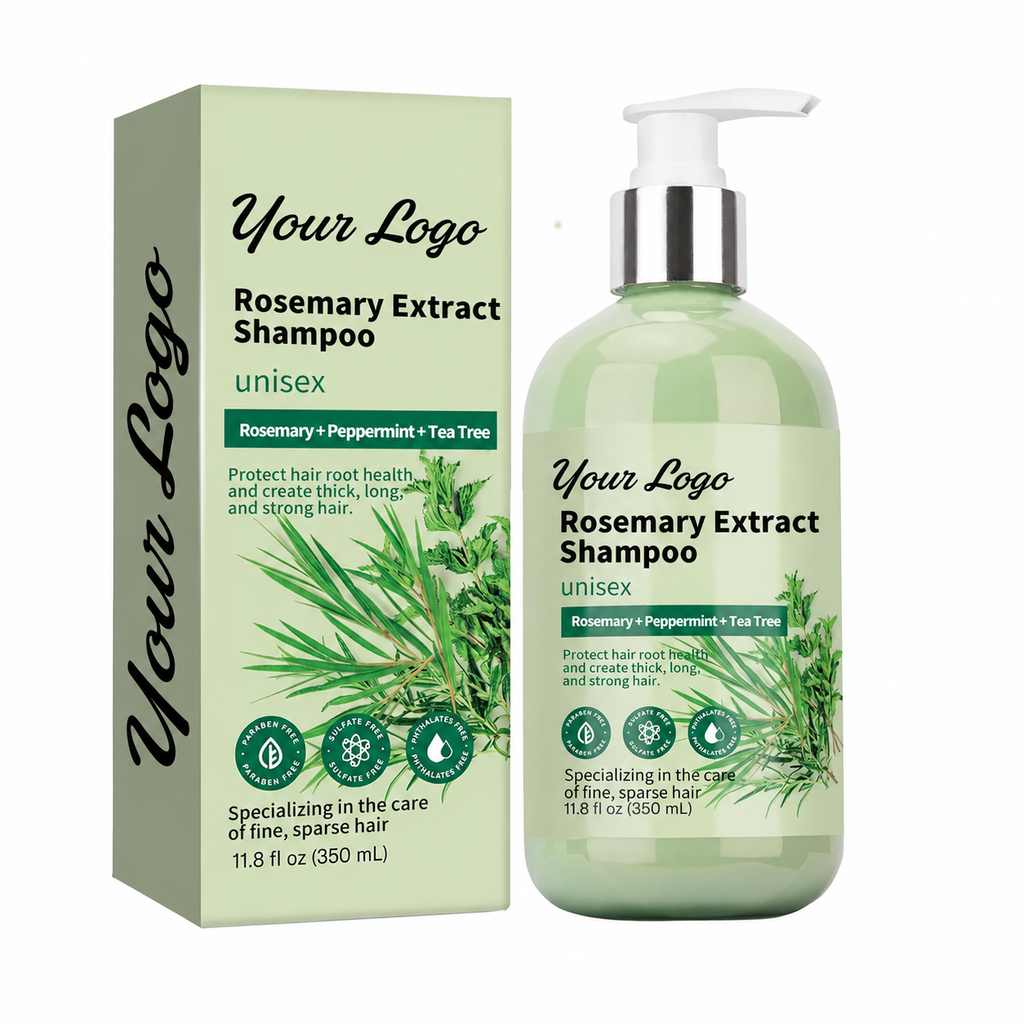 Private label rosemary volumizing shampoo 350ML in a green pump bottle