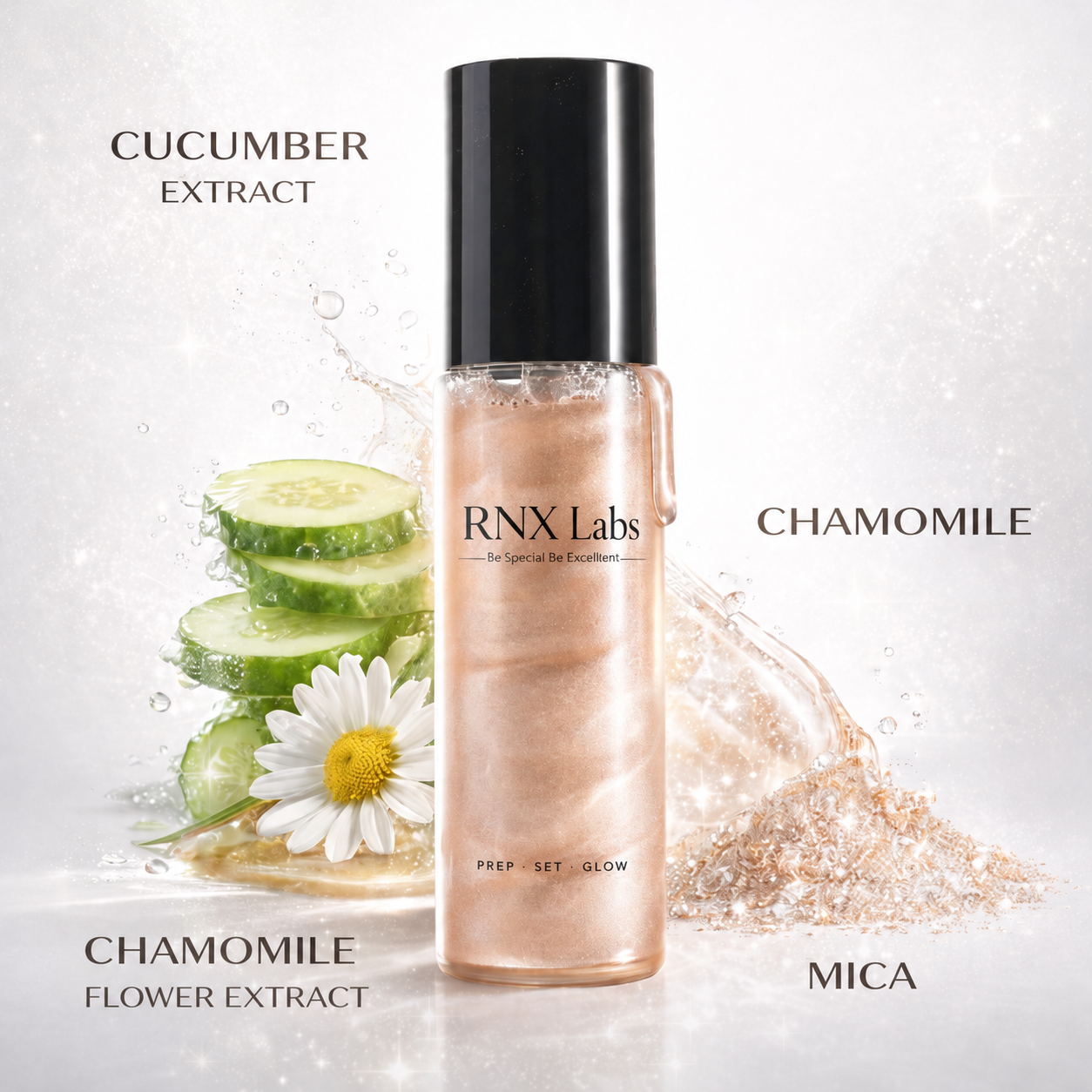 Custom illuminating sunscreen mist packaging concept with shimmer liquid spray pump and RNX Labs private label support