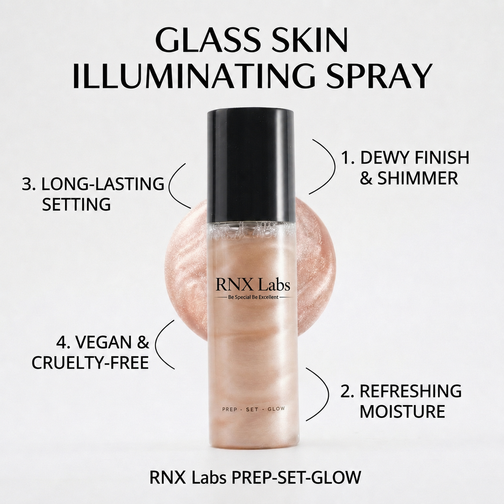 Custom illuminating sunscreen mist packaging concept with shimmer liquid spray pump and RNX Labs private label support