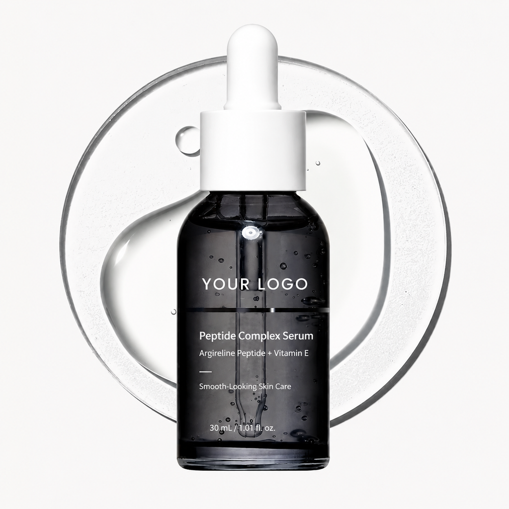 Private label Argireline peptide serum with Vitamin E in black dropper bottle by RNX Labs