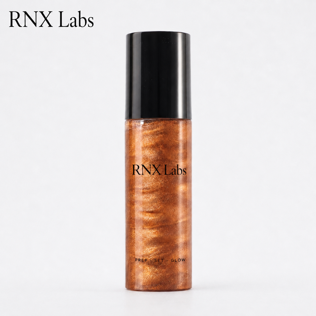RNX Labs custom glow sunscreen mist concept with glass skin illuminating spray packaging for private label sun care brands