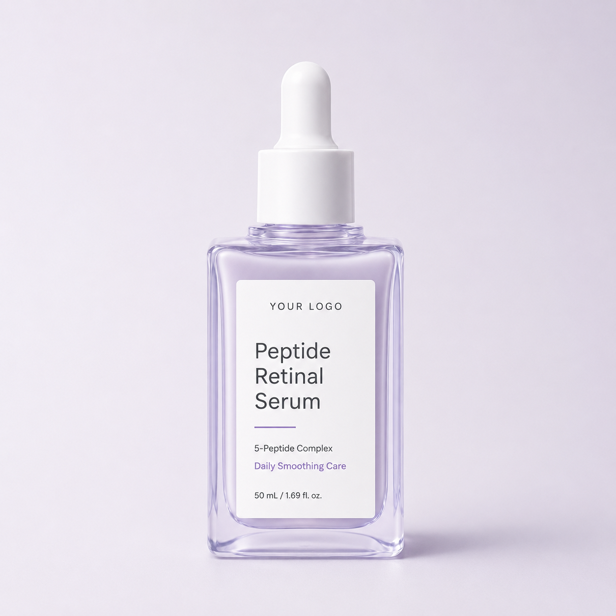 Purple peptide retinal serum bottle with 5-peptide complex for custom skincare brands
