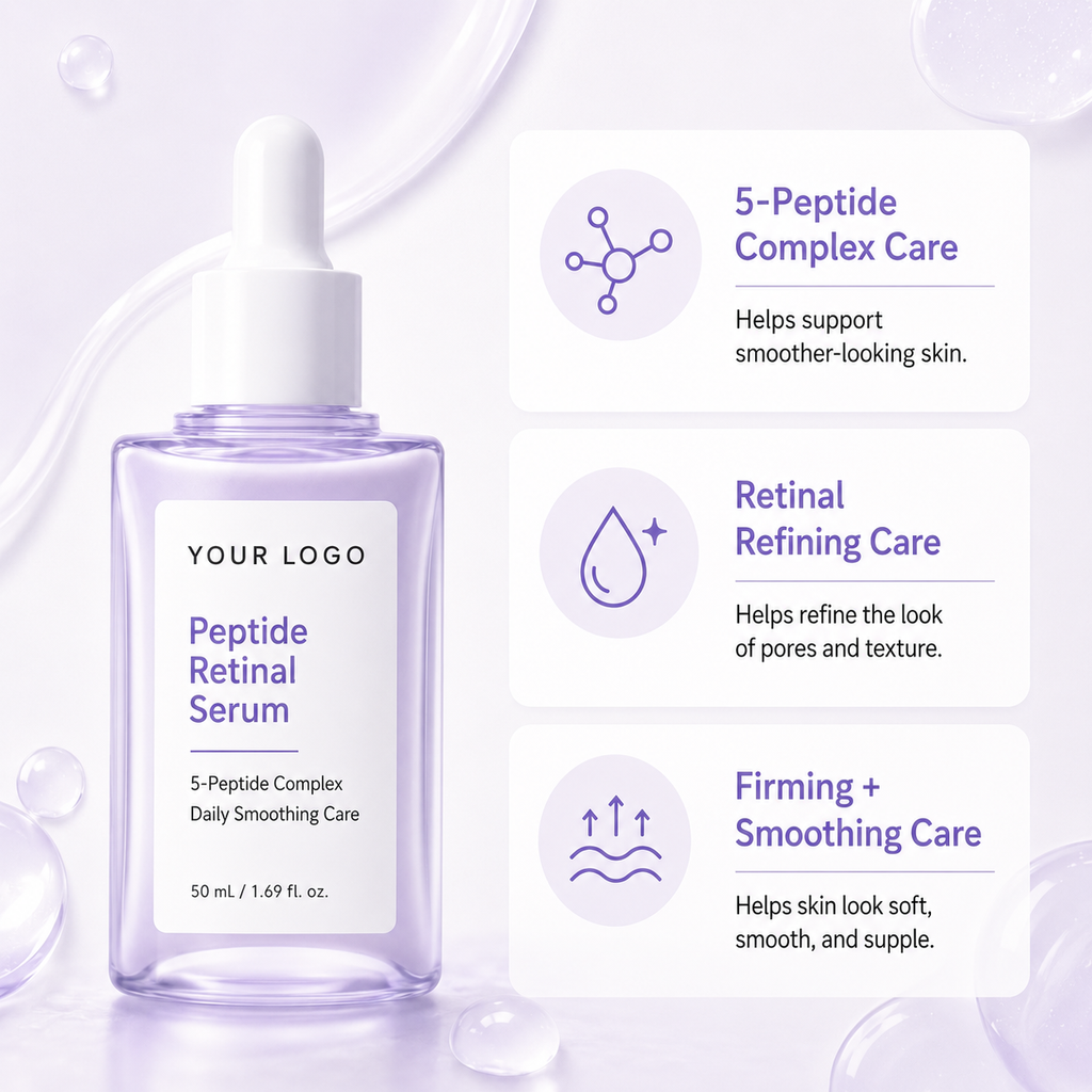 Custom 5-peptide retinal serum product image for daily smoothing care positioning