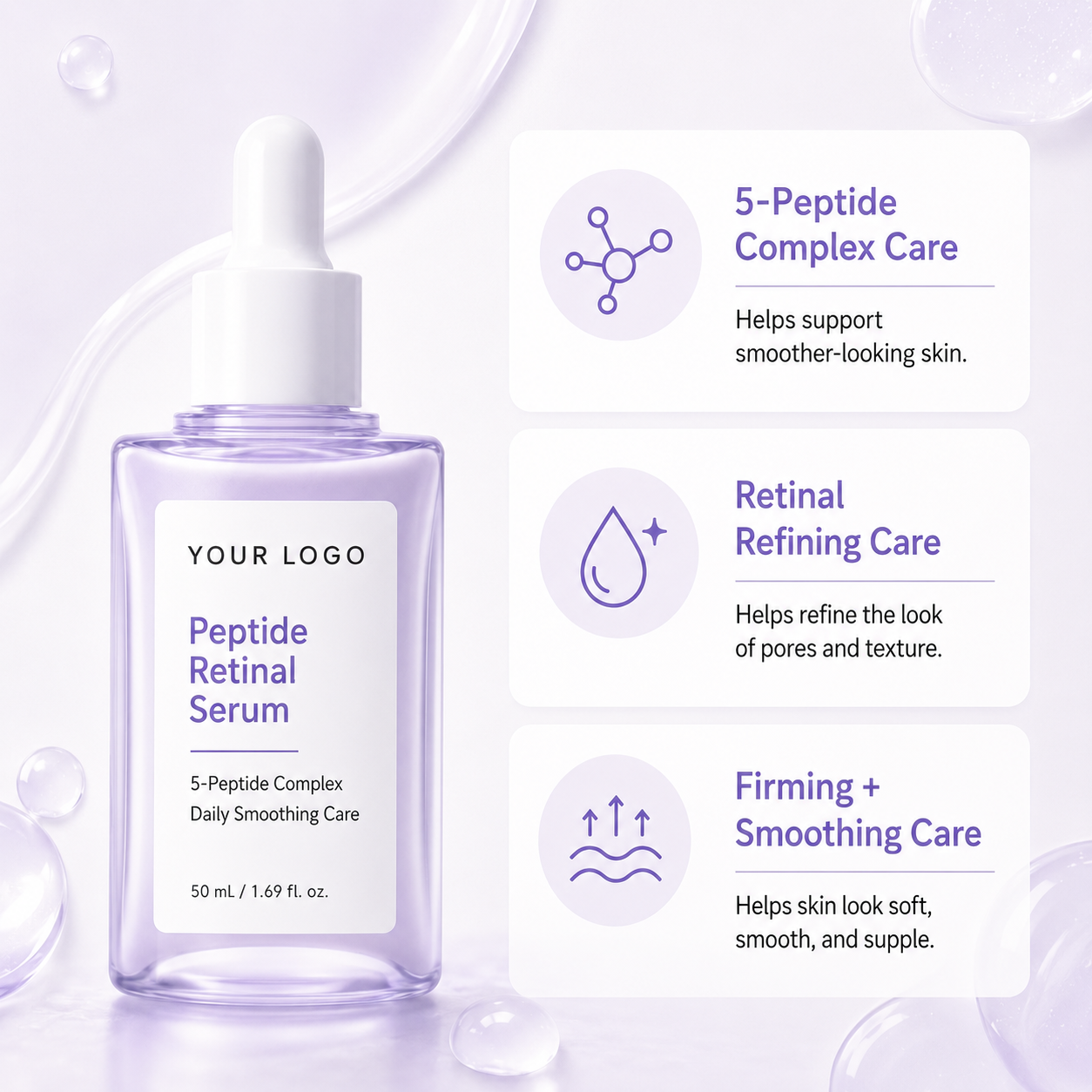 Custom 5-peptide retinal serum product image for daily smoothing care positioning