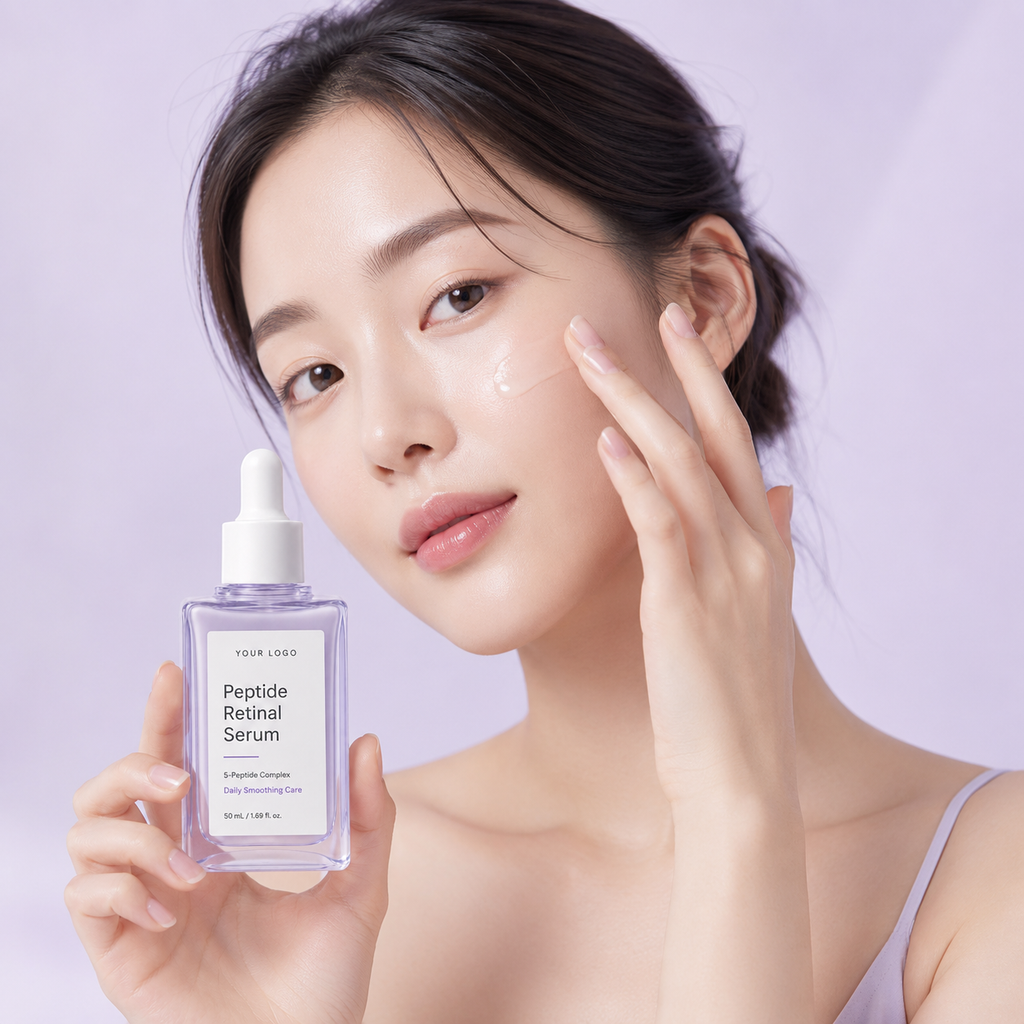 K-beauty inspired peptide retinal serum visual for ecommerce skincare product launch
