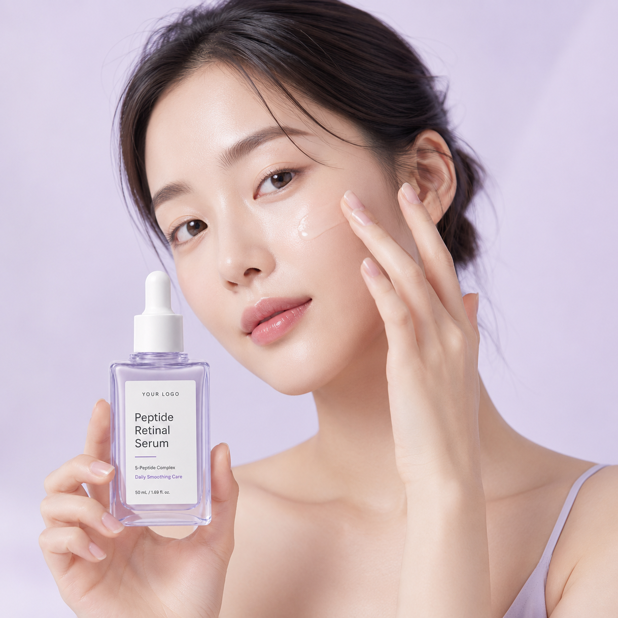 K-beauty inspired peptide retinal serum visual for ecommerce skincare product launch