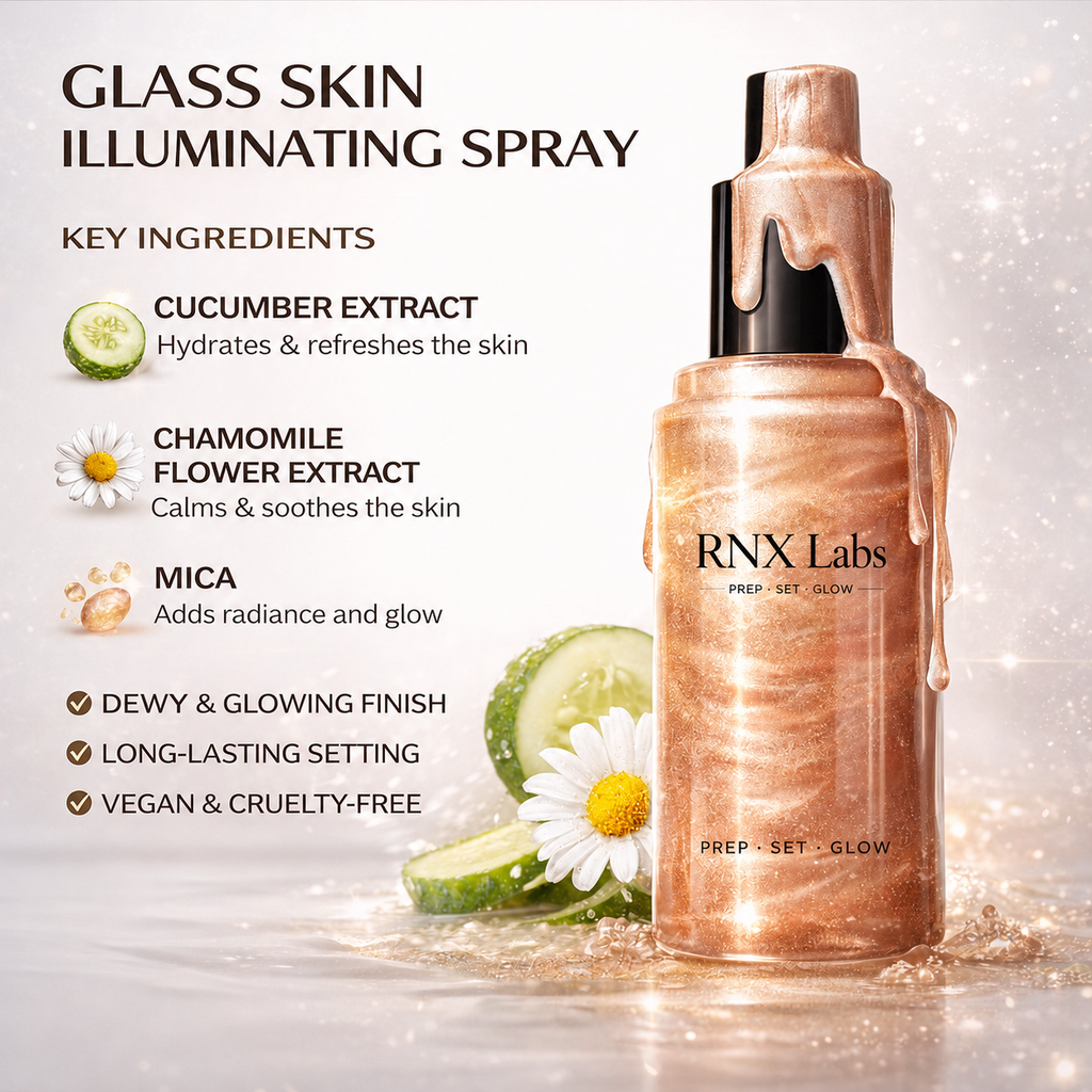 Glass skin illuminating spray with cucumber extract chamomile flower extract and mica inspired glow for custom skincare development