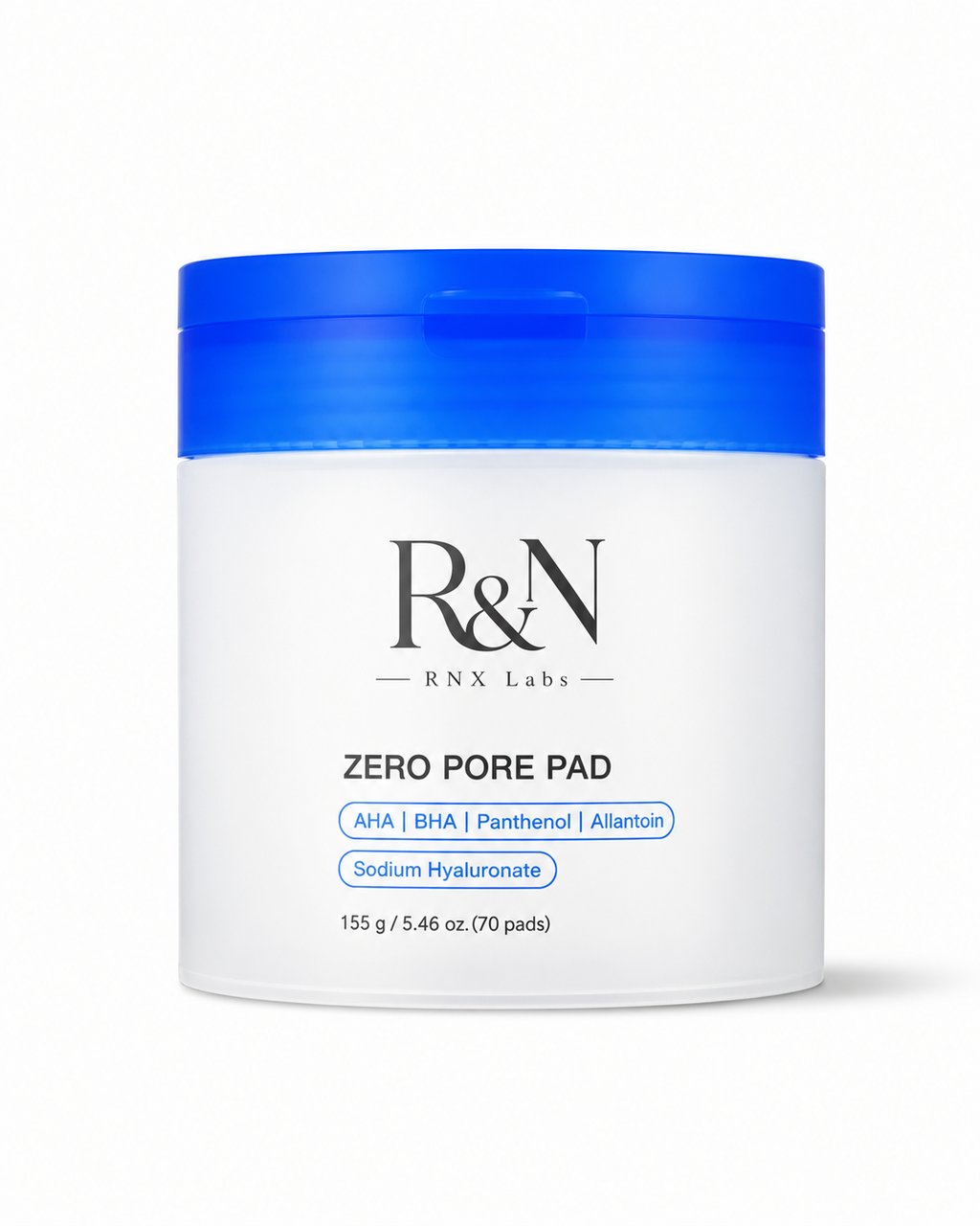 RNX Labs custom AHA BHA pore care face pads with Panthenol Allantoin and Sodium Hyaluronate in 70 pad jar