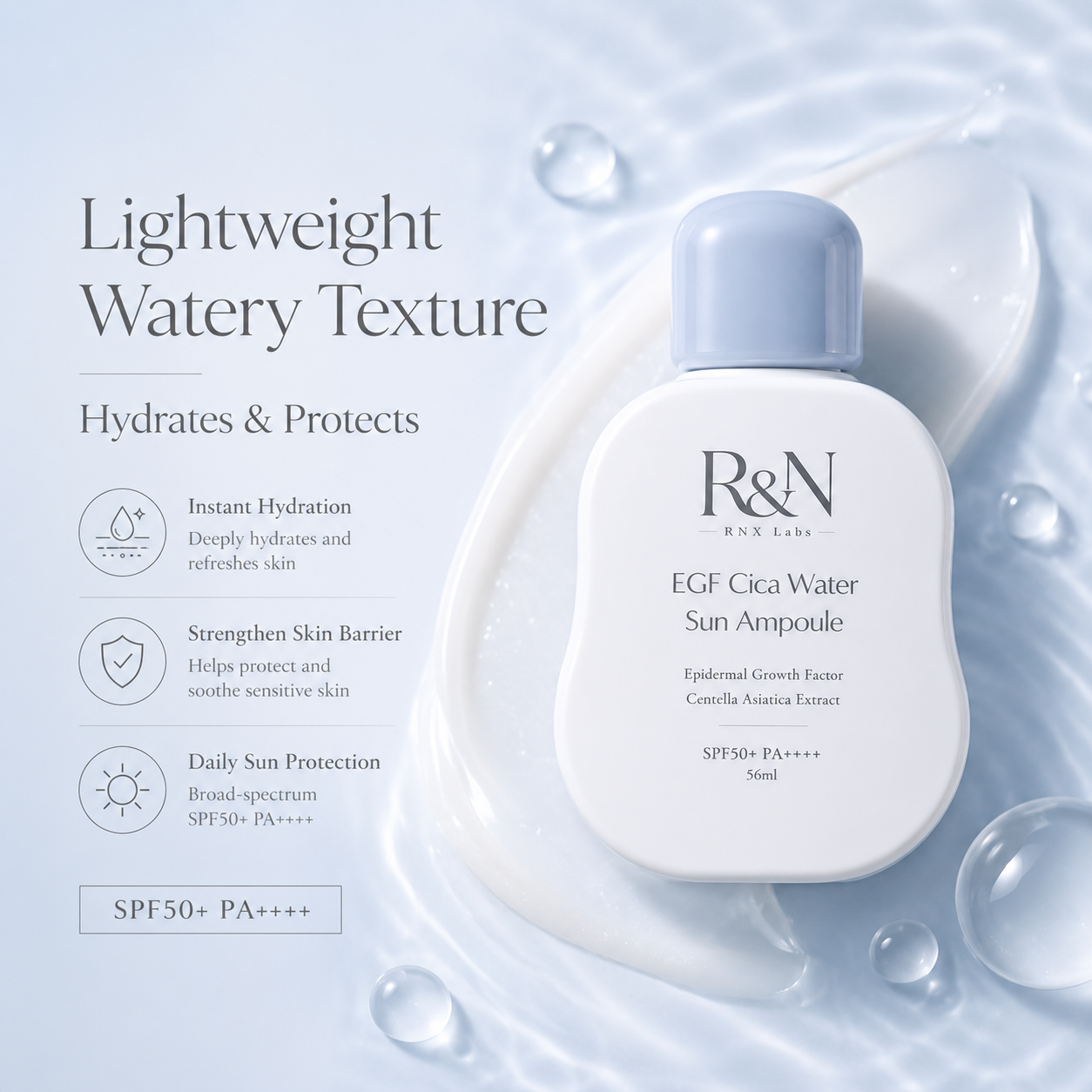 EGF Cica Water Sun Ampoule SPF50+ PA++++ – Hydrating Protective Sun Serum