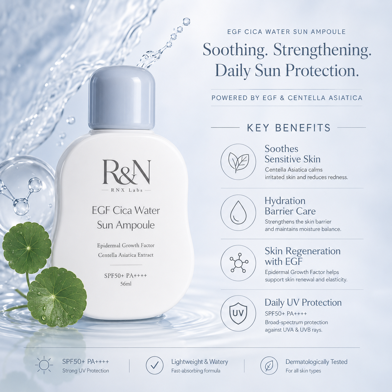 EGF Cica Water Sun Ampoule SPF50+ PA++++ – Hydrating Protective Sun Serum