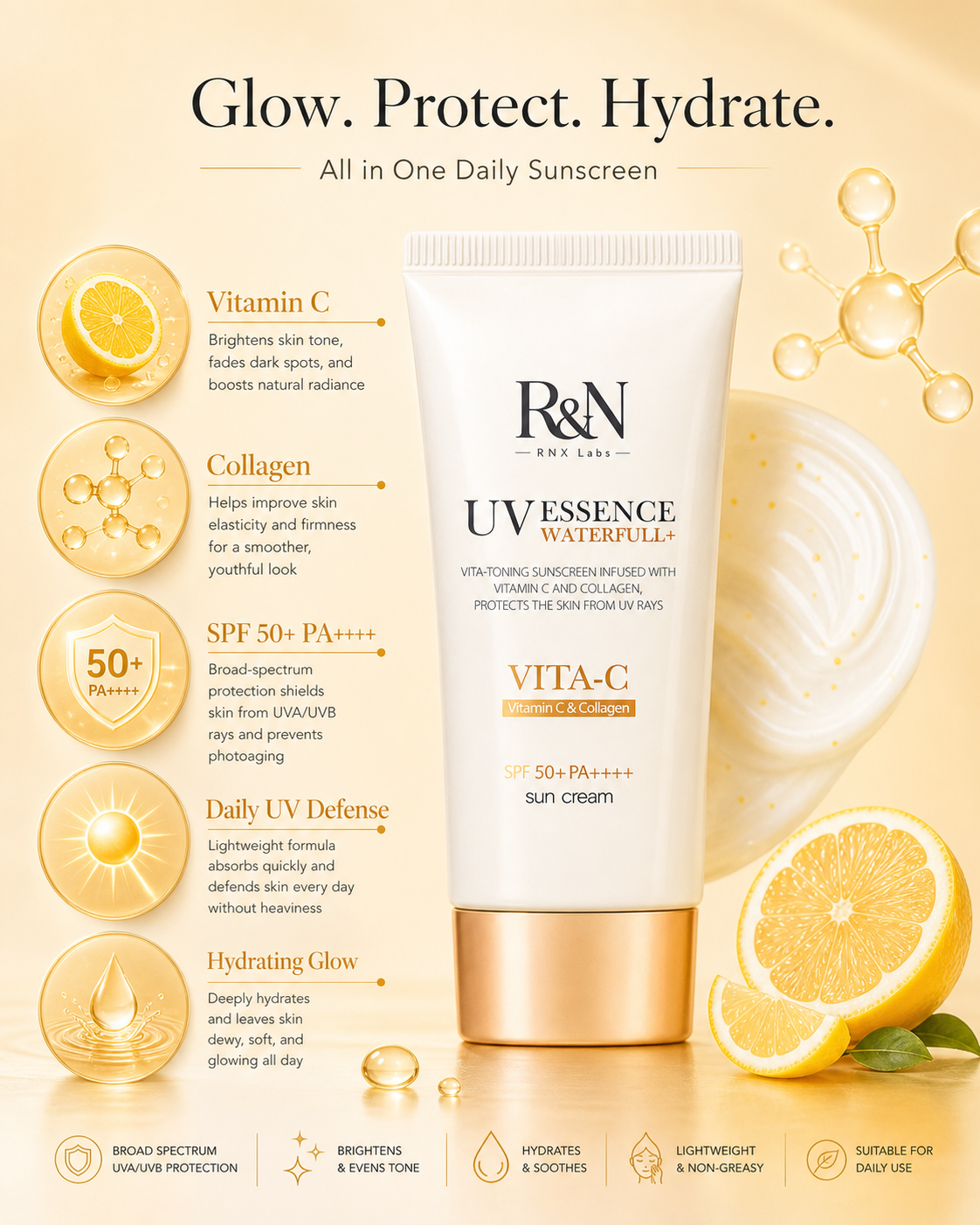 UV Essence Waterfull+ VITA-C SPF50+ PA++++ – Vitamin C & Collagen Sunscreen
