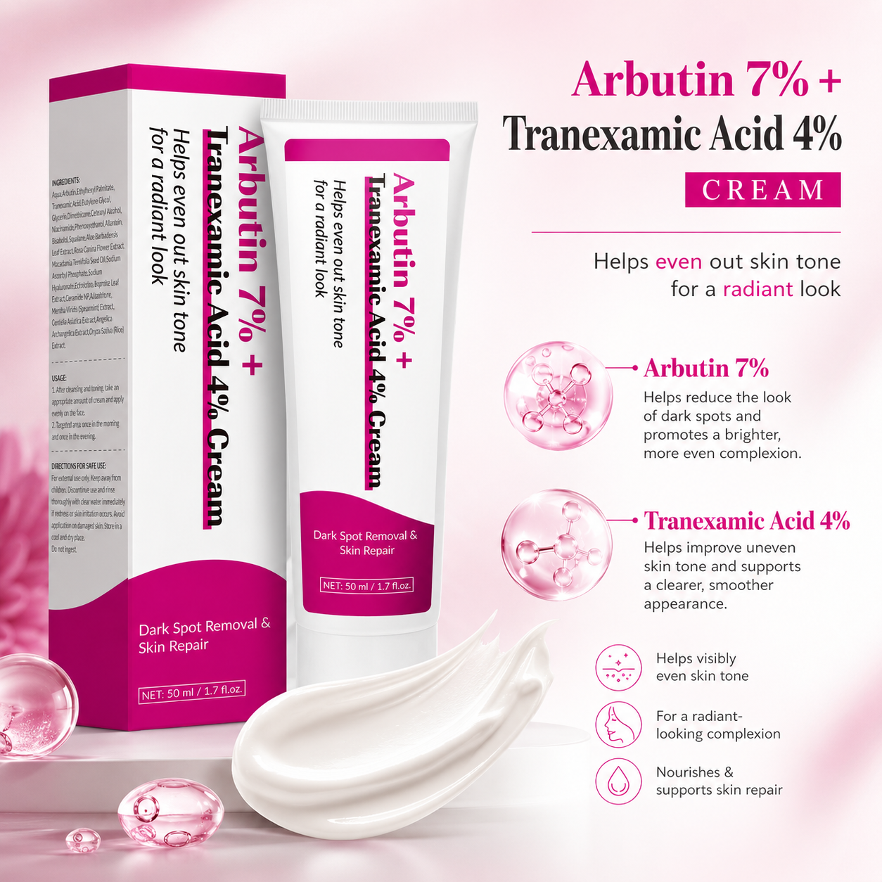 Arbutin 7% + Tranexamic Acid 4% Tone Care Cream 50ml