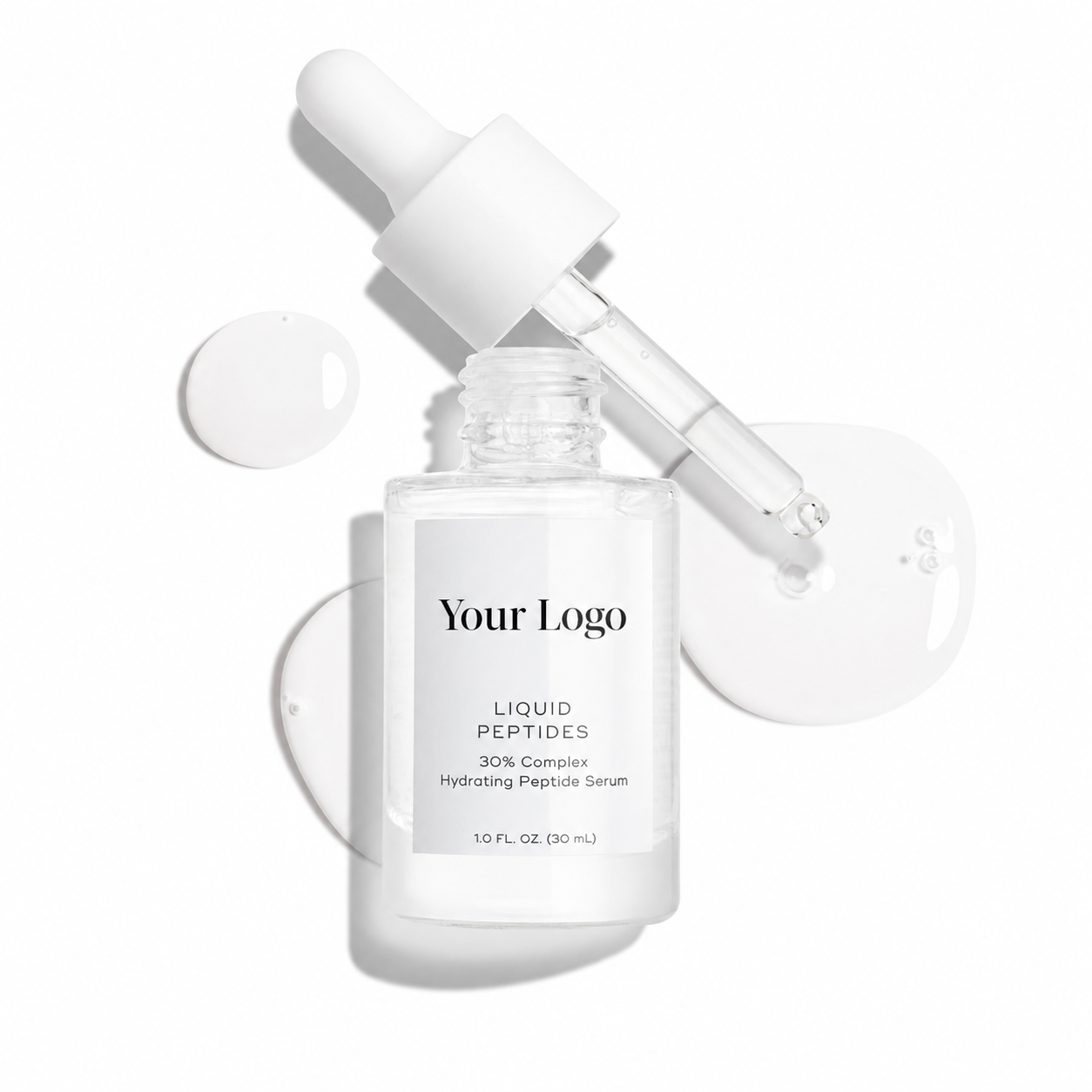 Private label 30% multi-peptide hydrating serum in white dropper bottle by RNX Labs