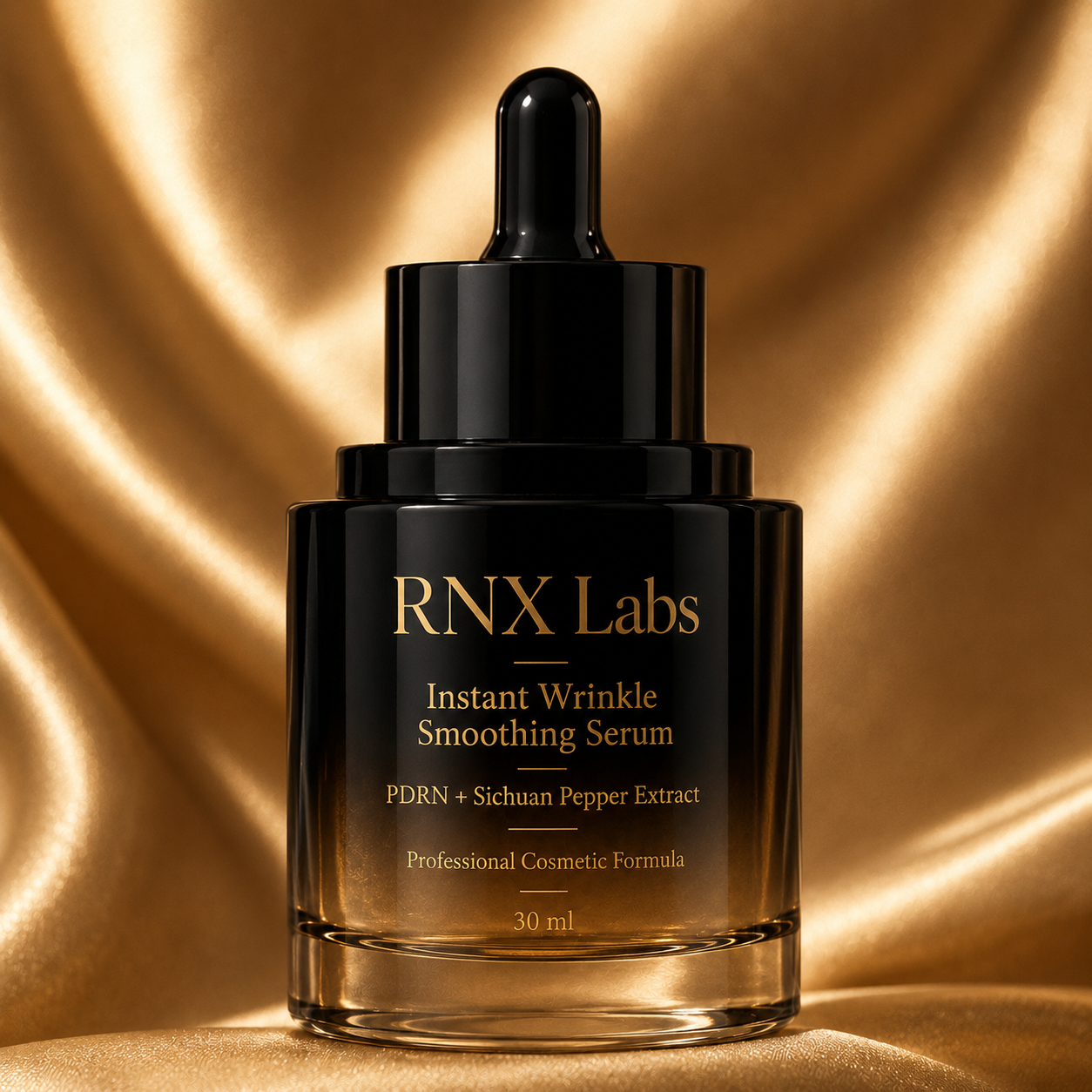 RNX Labs custom PDRN smoothing face serum 30ml with Sichuan pepper extract in a black and gold dropper bottle