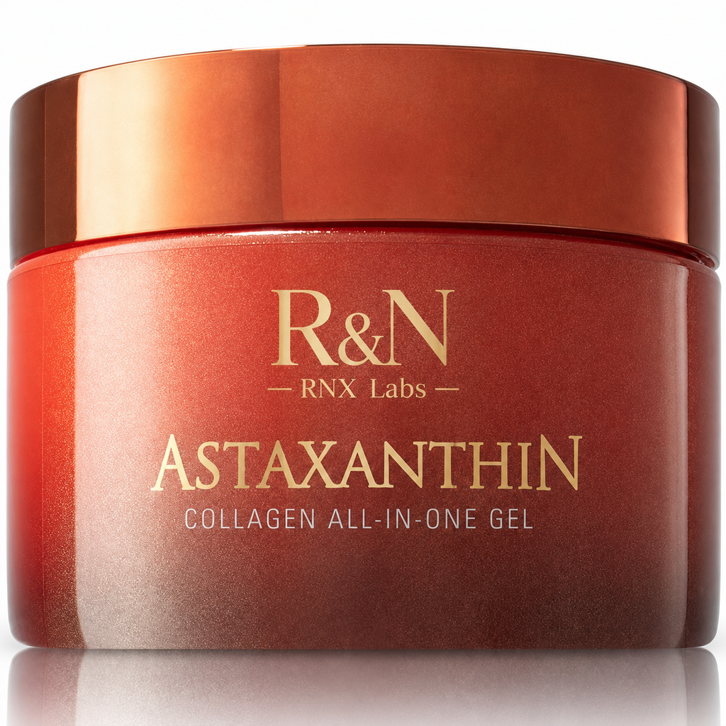 RNX Labs custom astaxanthin collagen all-in-one gel cream in red jar packaging for private label skincare brands
