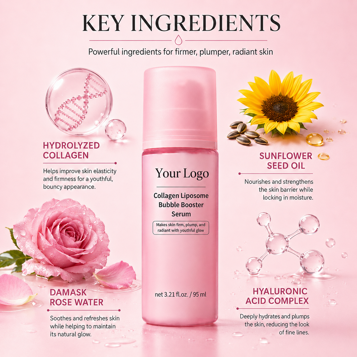 Hydrolyzed collagen, hyaluronic acid, sunflower seed oil and Damask rose water serum directions