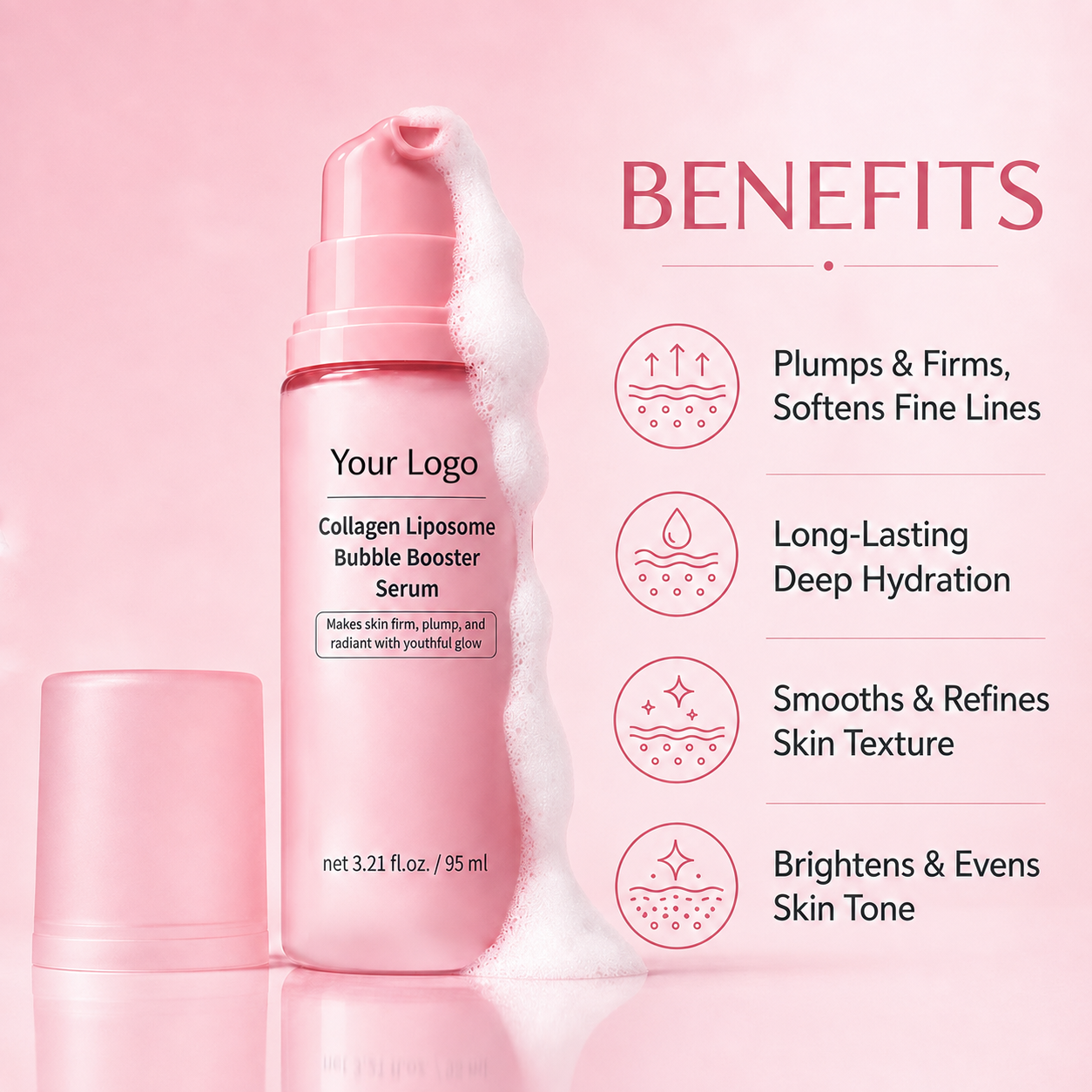 Private label bubble serum concept for hydration, glow and smoother-looking skin