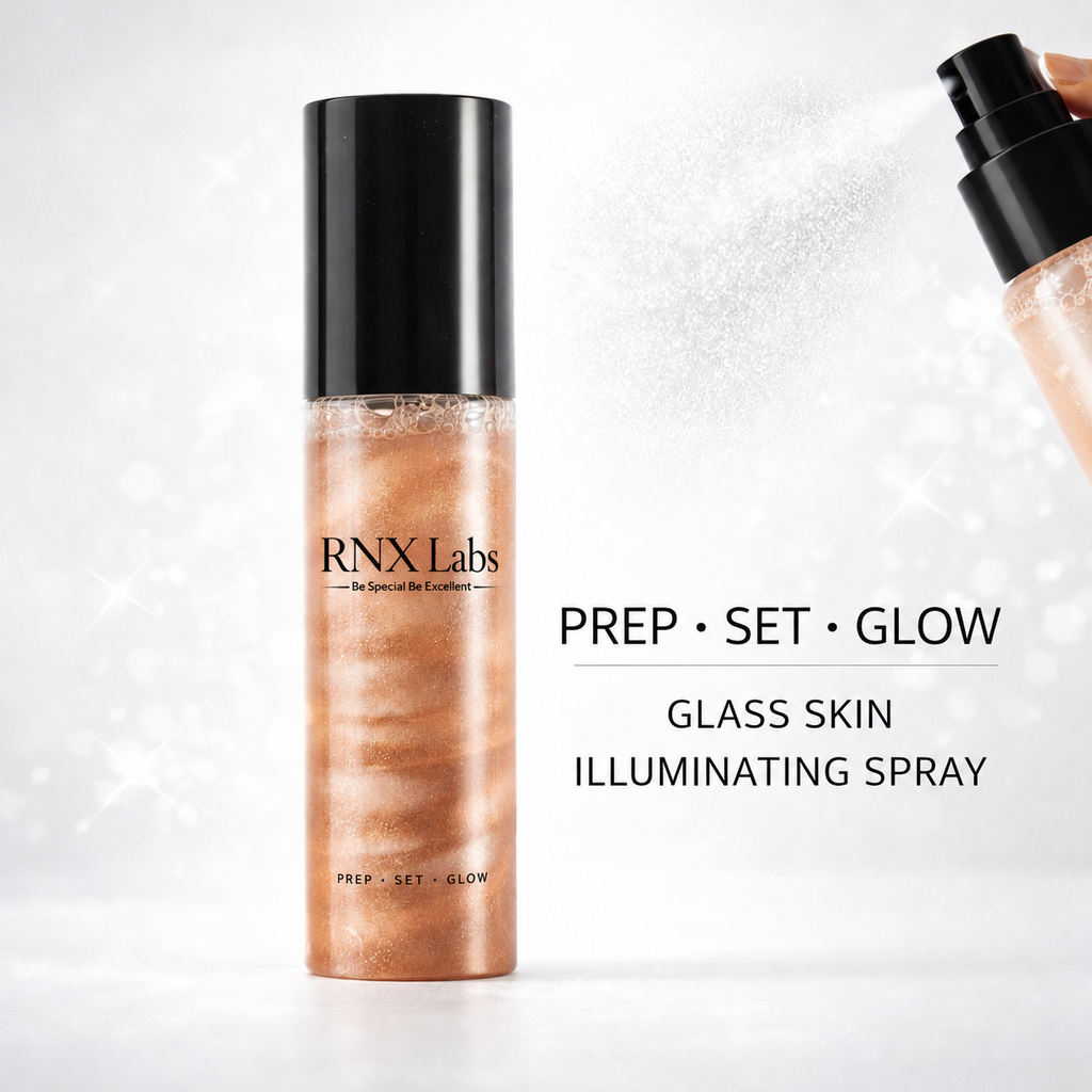 Custom illuminating sunscreen mist packaging concept with shimmer liquid spray pump and RNX Labs private label support