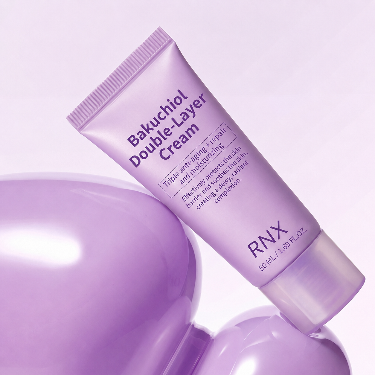 Bakuchiol barrier-support face cream with purple packaging and cream texture for private label skincare
